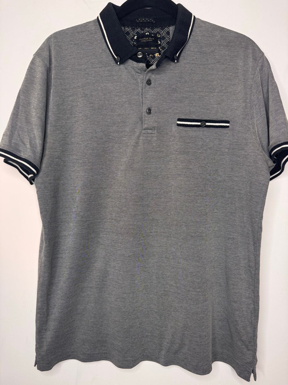 Cactus Man Ricky Singh Men’s Polo Shirt Gray Black White Trim Size L